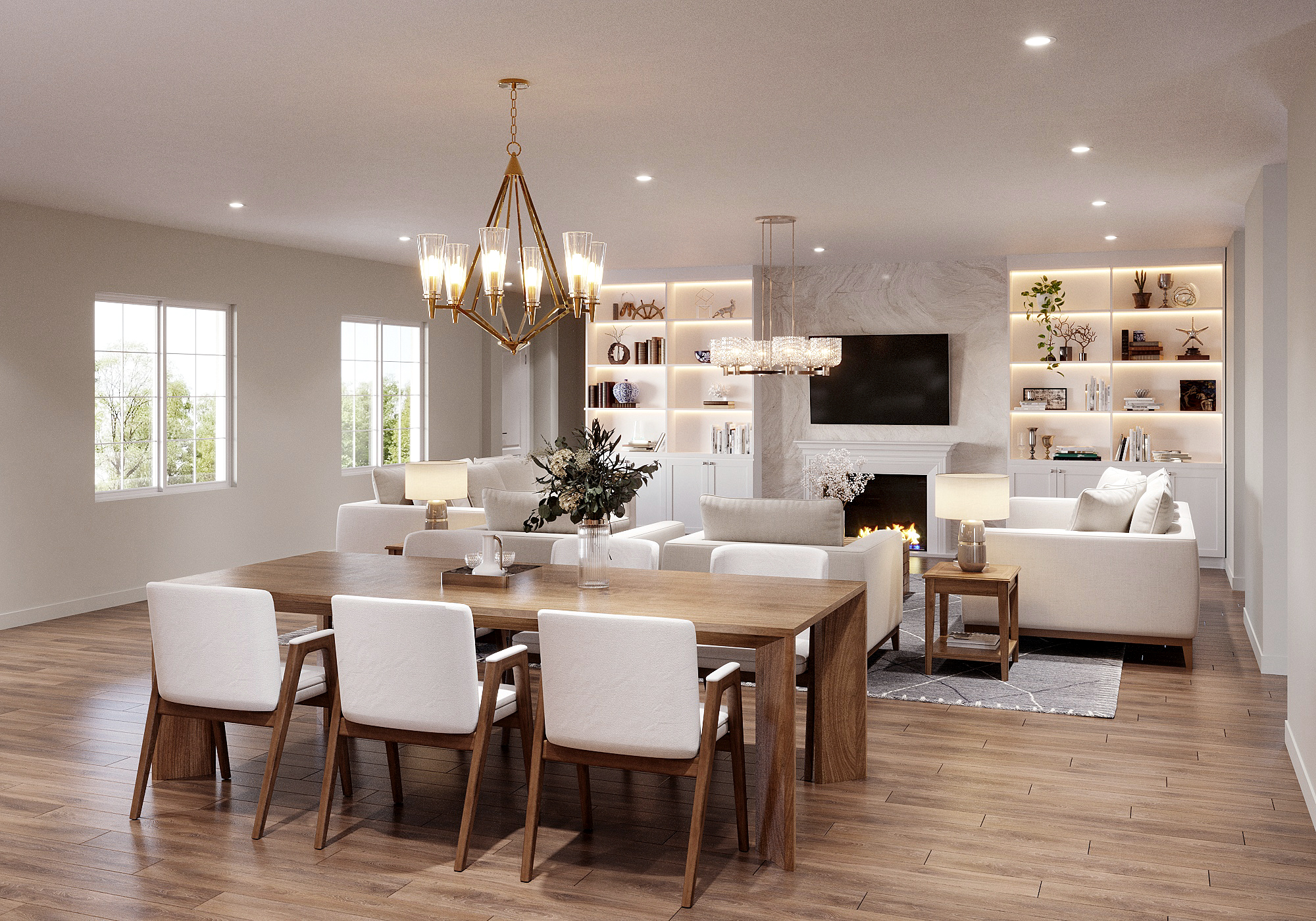 Interior rendering of a dining and living area